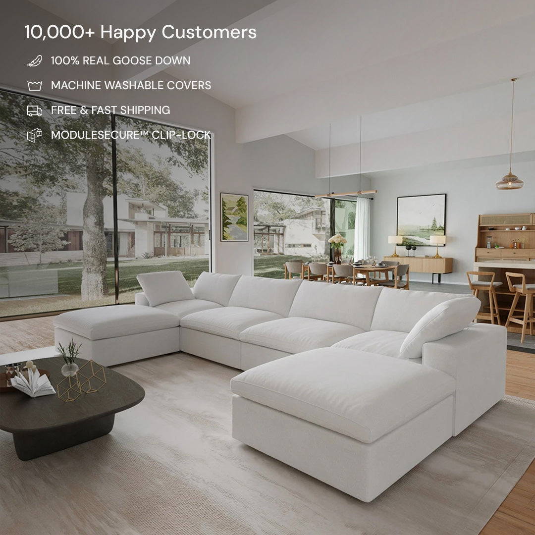 Modern living room with a CloudForm™ 4-Seater + Ottoman Modular U-Sofa in white, removable fabric covers, coffee table, and open kitchen in background; product features shown in text overlay.