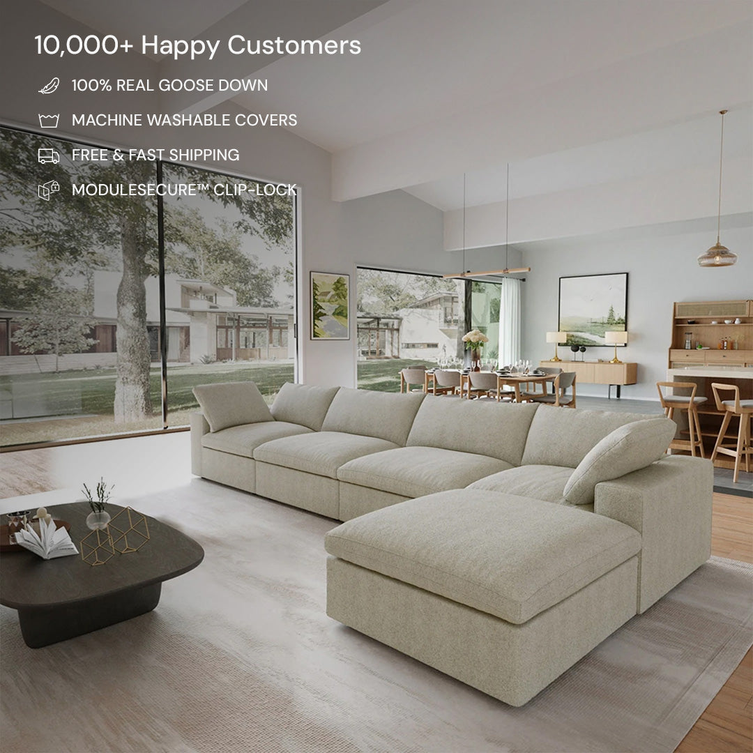Modern living room with the CloudForm™ 4-Seater + Ottoman Modular L-Sofa in beige, coffee table, and dining area. Features goose down, removable fabric covers, fast shipping, and a secure clip-lock system.