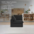 A CloudForm™ Corner Modular Sofa in black with removable covers is the centerpiece of a modern living space featuring wooden dining furniture and neutral decor. Product highlights emphasize comfort, versatility, and customer satisfaction.