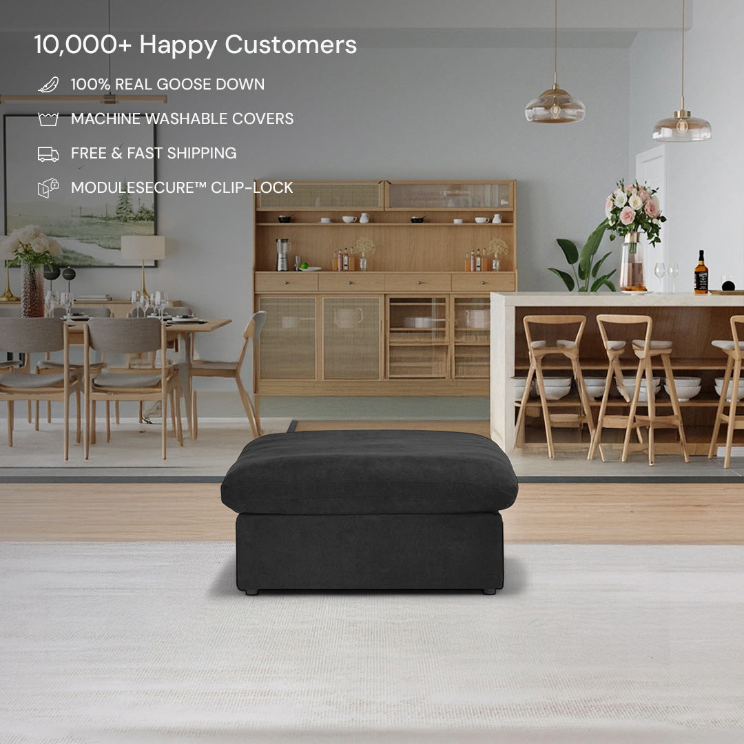 A modern dining and living space features a CloudForm™ Ottoman Modular Sofa in Black at the center and a wooden dining set behind, with promo text highlighting modular sofa options and removable fabric covers.