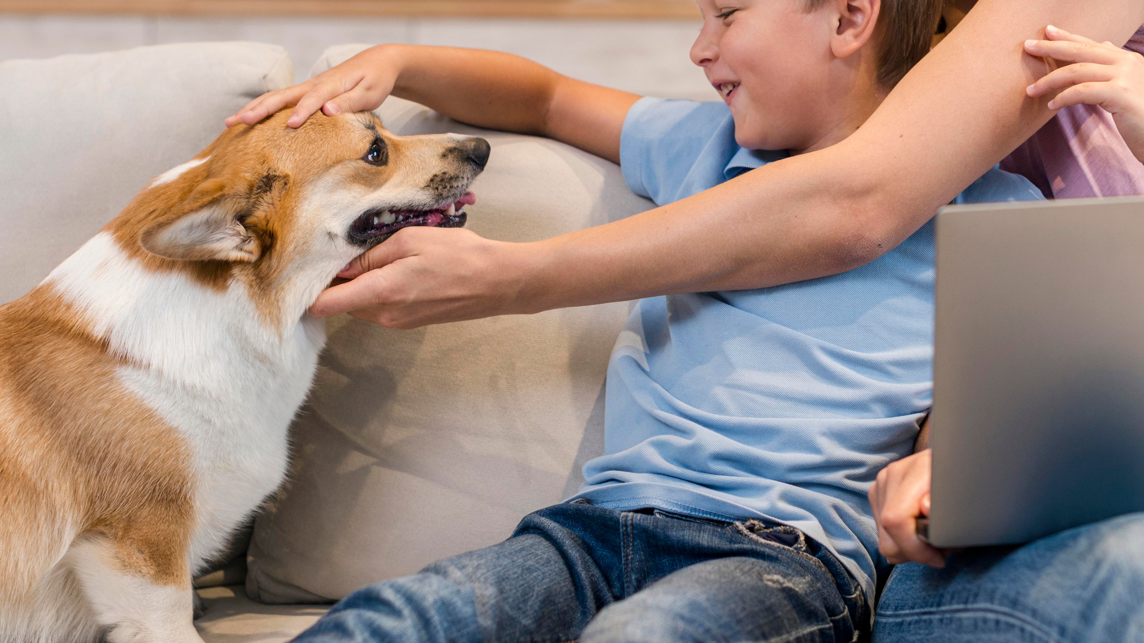 mother-son-petting-family-dog